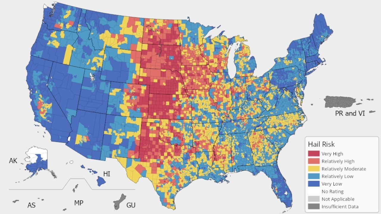 Map showing hail risk zones across the United States, highlighting regions most affected by severe hailstorms.